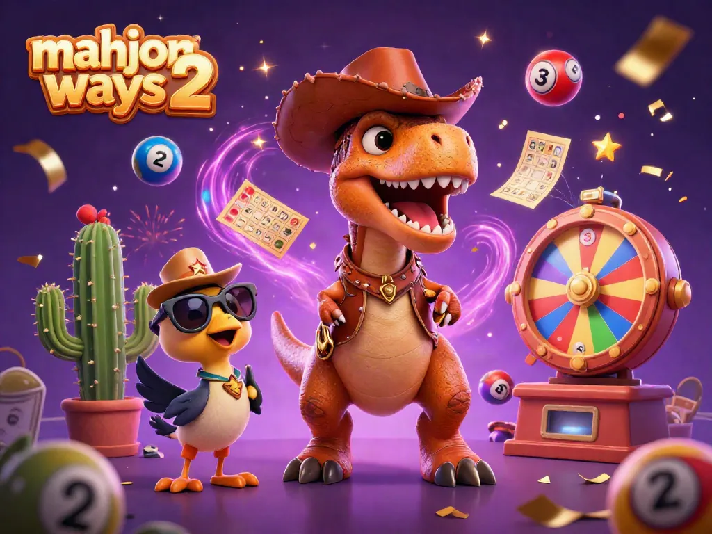 Experience the excitement of mahjong ways 2 in this vibrant 3D casino scene featuring a dinosaur cowboy and friends.