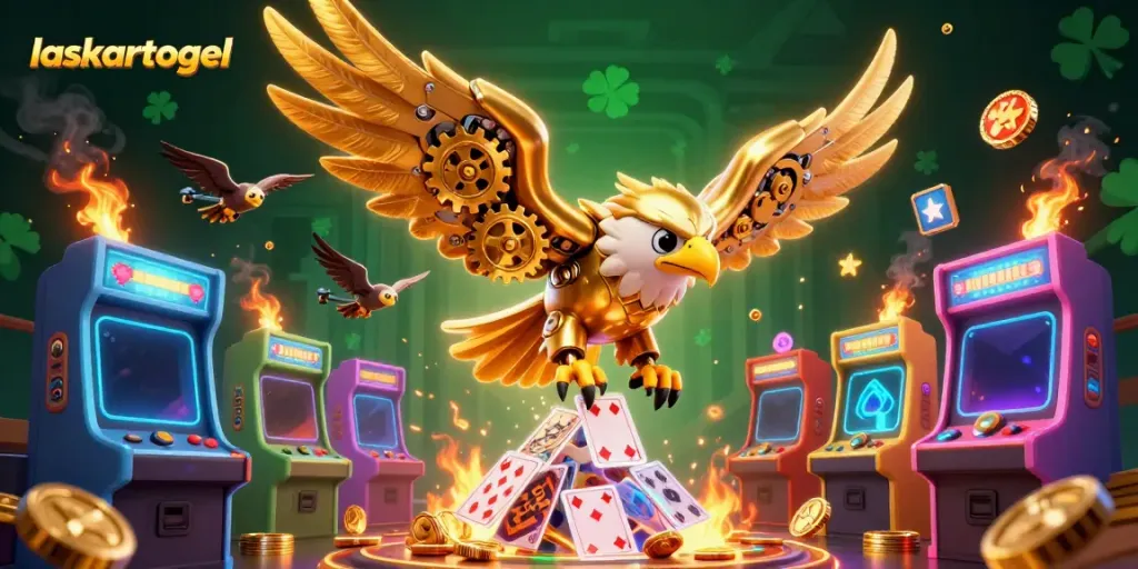 Experience thrilling wins with laskartogel, featuring a cybernetic eagle amidst vibrant casino elements.