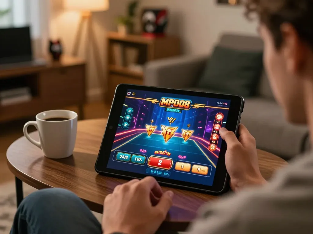 MPO08 gaming interface displayed on a tablet as user engages in interactive online gambling.