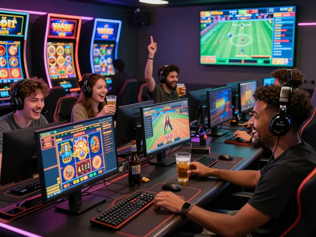Engaging gaming scene showcasing diverse players enjoying TT88 online betting on computers and mobile devices, capturing excitement and community.