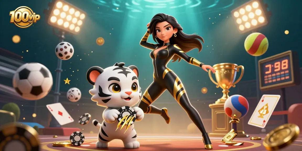 Engage in thrilling gameplay with 100vip co featuring a dynamic casino scene with vibrant characters.