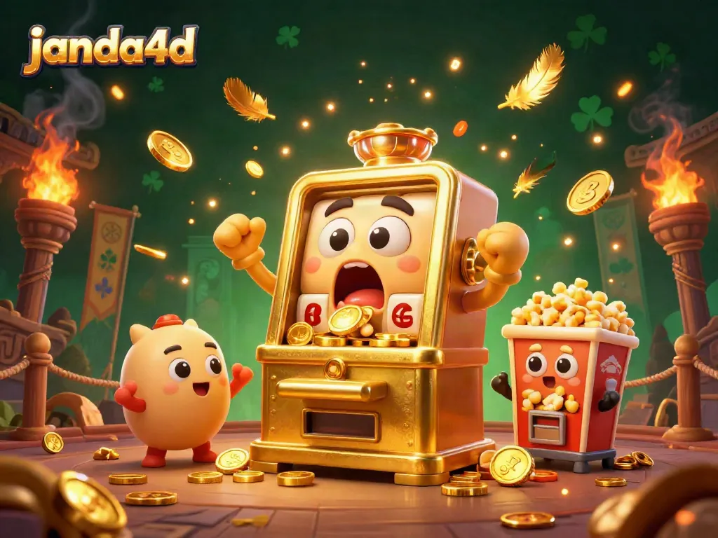 Janda4d menghadirkan slot machine emas yang menarik perhatian dalam aksi jackpot dengan koin berhamburan.