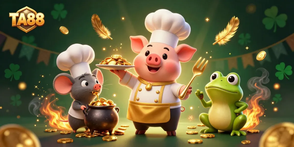 Experience the thrill of TA88 with a whimsical casino scene featuring a chef pig, mouse, and frog