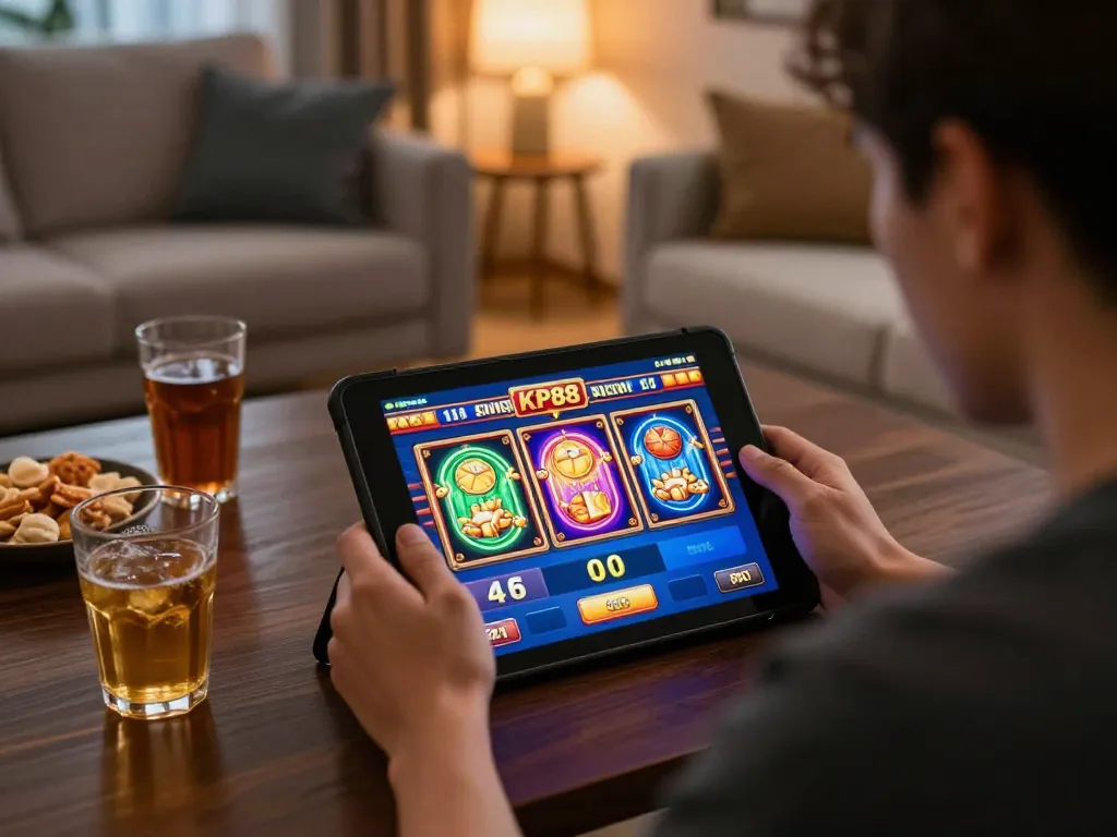 Player engaging with kp88 online casino on tablet, showcasing vibrant gaming screen and cozy home setup