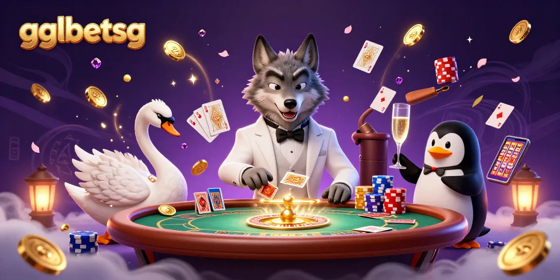 Place bets with gglbetsg in a vibrant 3D gaming scene featuring a debonair wolf, elegant swan, and sophisticated penguin.