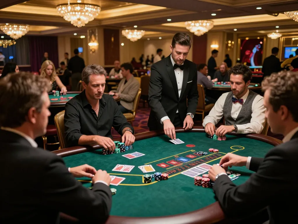 Players strategically engaging in a high-stakes blackjack game at Juraganbet88's luxurious casino.