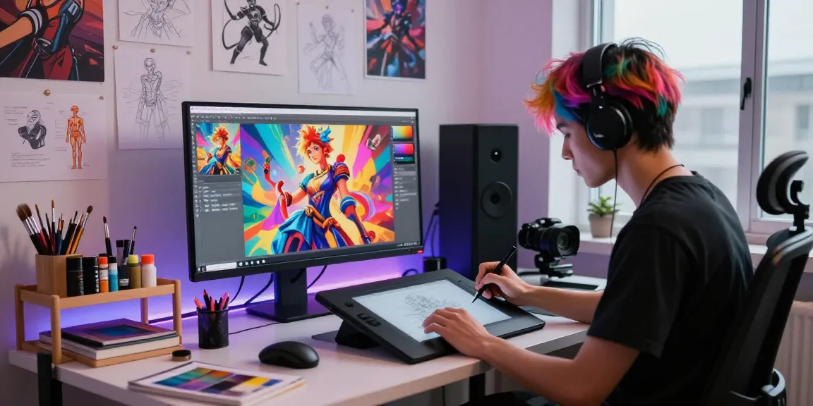 Creating vibrant NSFW AI art in a modern studio setting with digital tools and colorful illustrations.