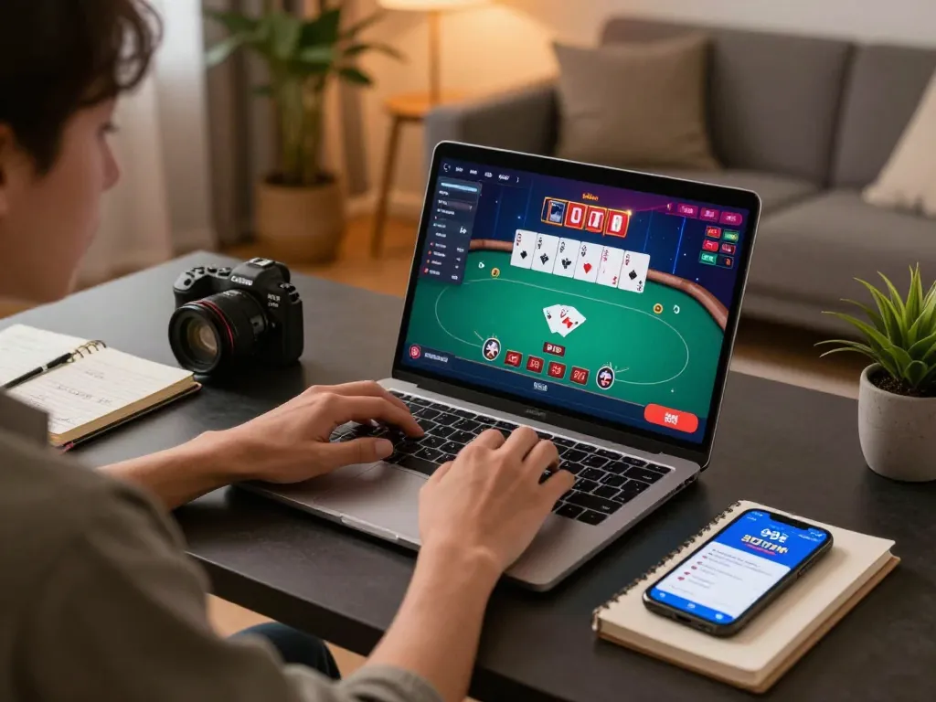 Player enjoying an online poker game on 99ok while analyzing strategy notes.