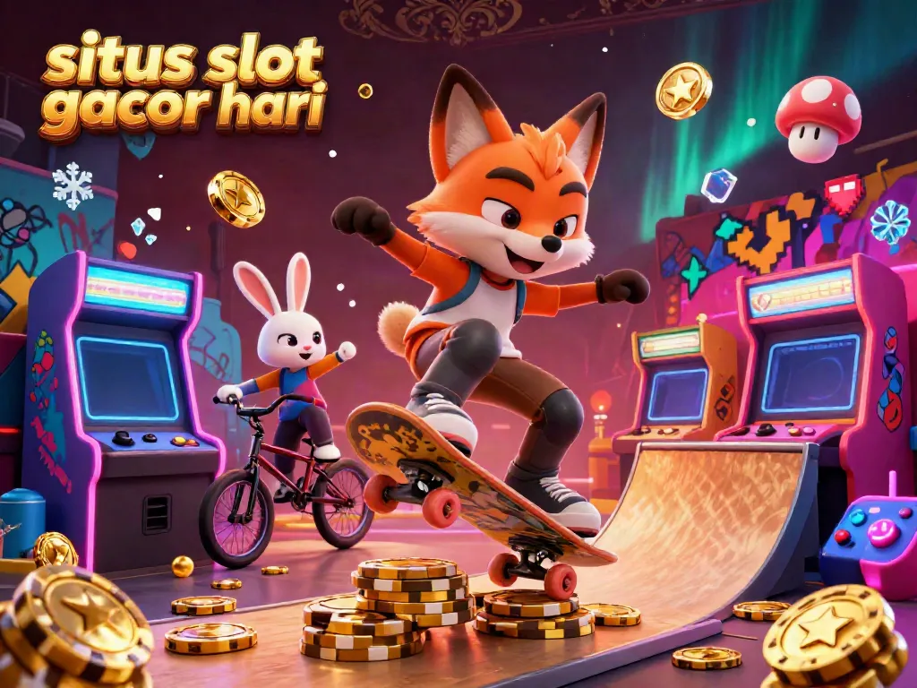Menampilkan suasana ceria di "situs slot gacor hari ini" dengan karakter kartun dan simbol kasino yang berwarna-warni.
