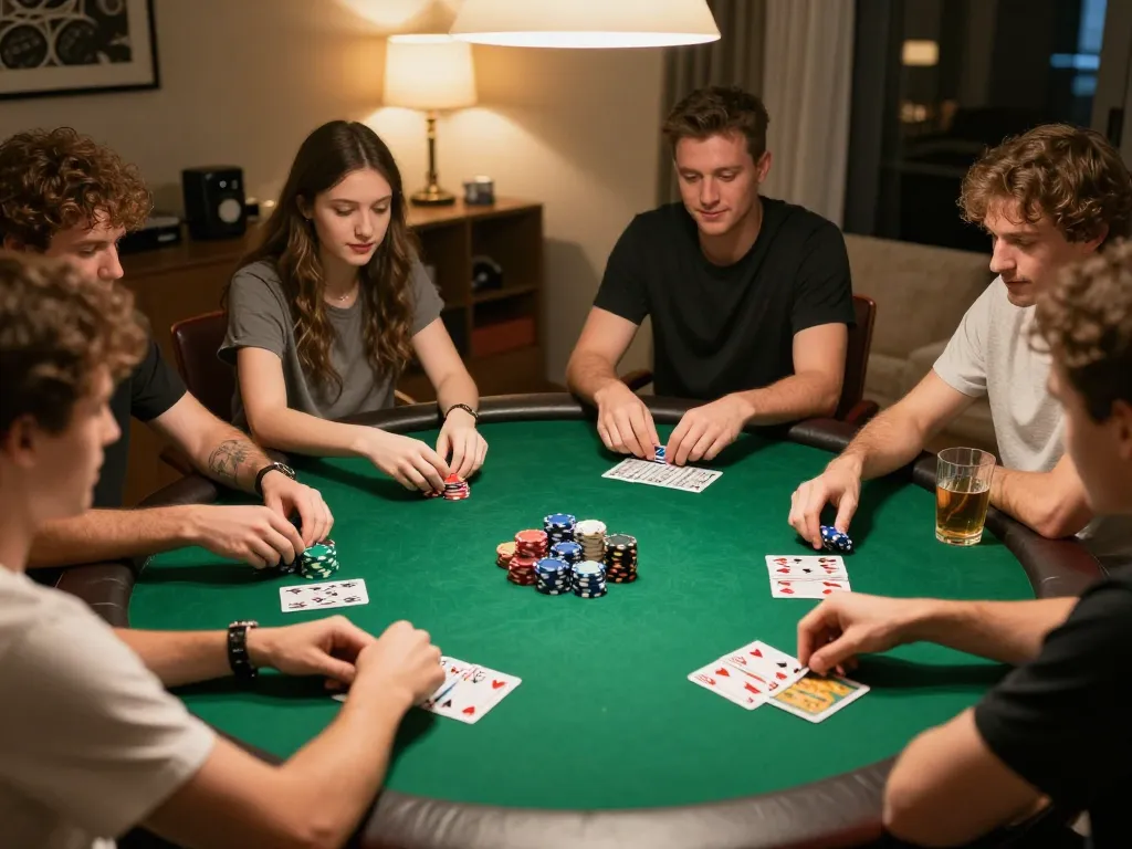 Friends enjoying poker night at home on sc88e platform with strategic gameplay and snacks.