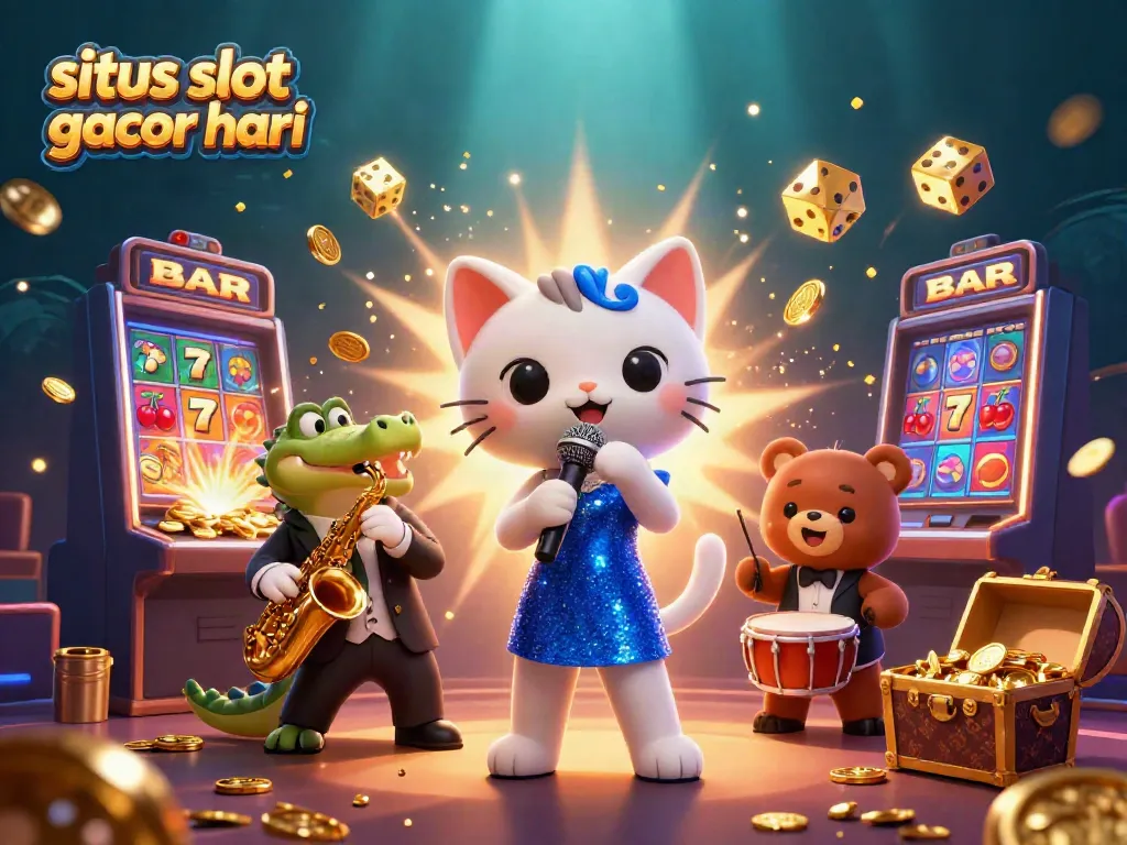 Situs slot gacor hari ini menarik pemain dengan gambar slot berkilau dan karakter ceria dalam suasana kasino.
