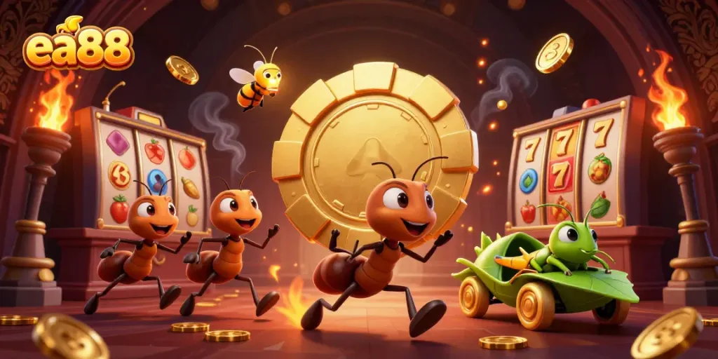 Engage in the ea88 casino heist with a team of cartoon ants, golden poker chip, and vibrant game elements.