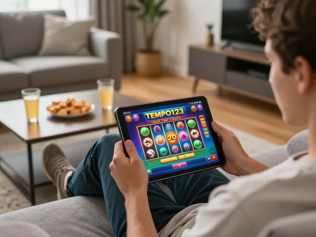 Enjoying Tempo123 Gacor games on a tablet in a cozy living room, showcasing an exciting online gaming atmosphere.