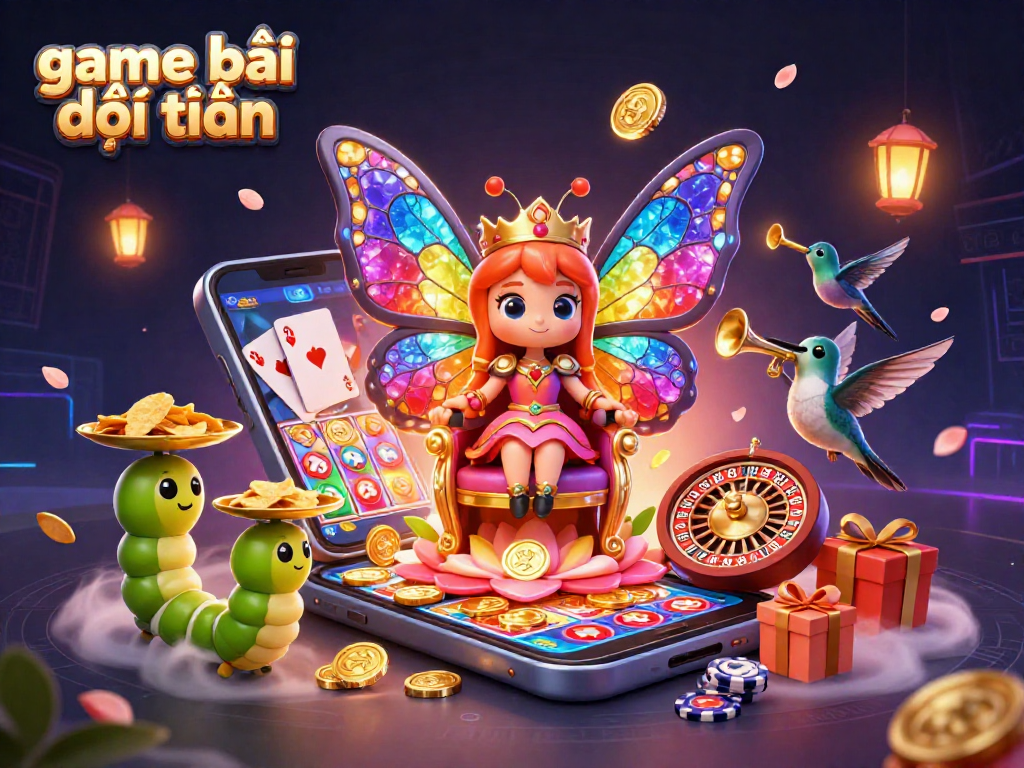 Engage in game bài đổi thưởng with vibrant 3D visuals showcasing a butterfly queen and slot elements.
