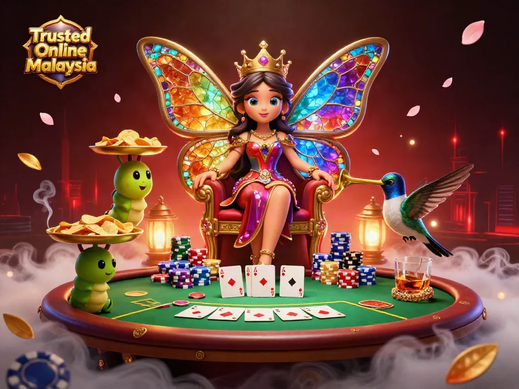 Experience the vibrant world of a Trusted Online Casino Malaysia through an artistic depiction of gaming royalty, poker chaos, and dynamic casino elements.