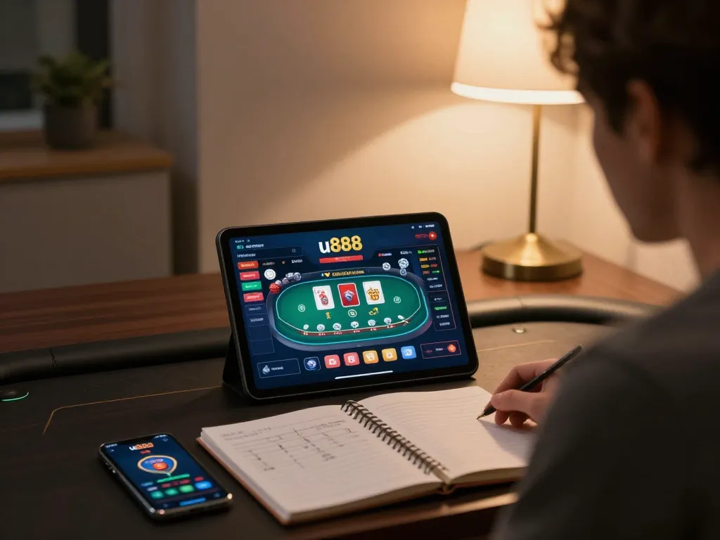 Player exploring u888 online casino interface on tablet, showcasing strategic gameplay in a cozy home setting