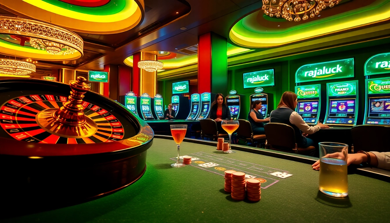 Engaging scene of players at rajaluck casino with roulette wheel, poker tables, and vibrant slot machines.