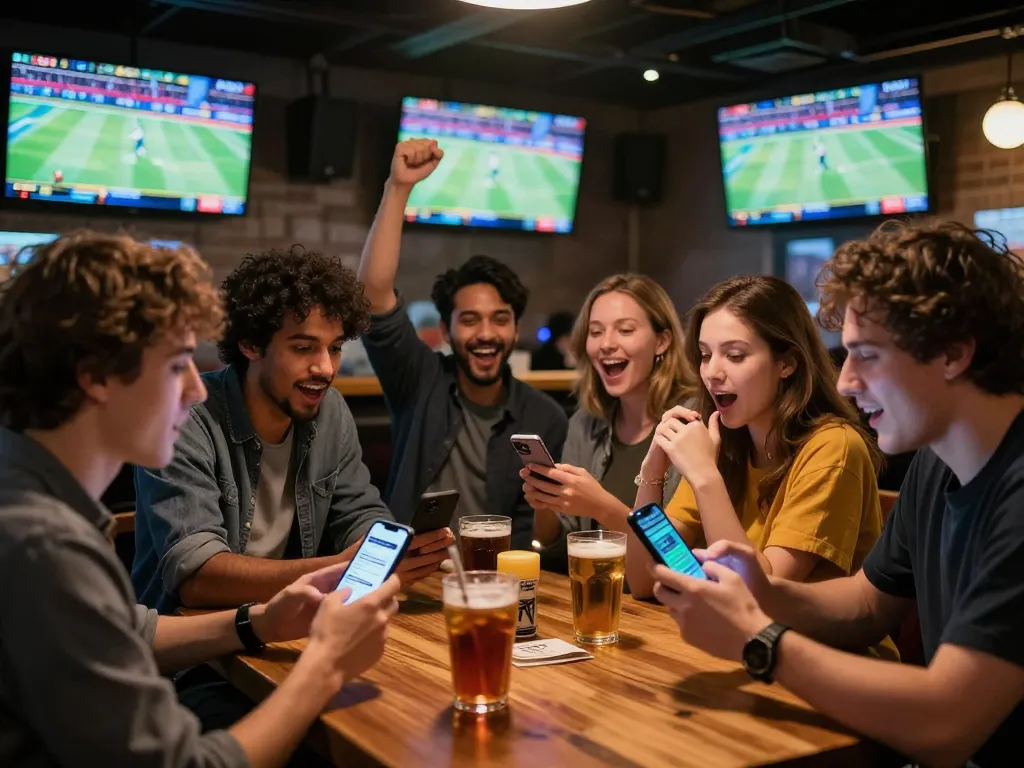 Sports fans engaging with betting apps during a live game at Trang chủ Luck8 with drinks and excitement