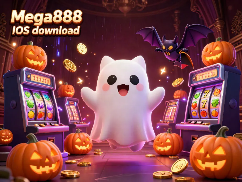 Experience the excitement of Mega888 iOS download with a 3D ghost cat in a dynamic casino scene.