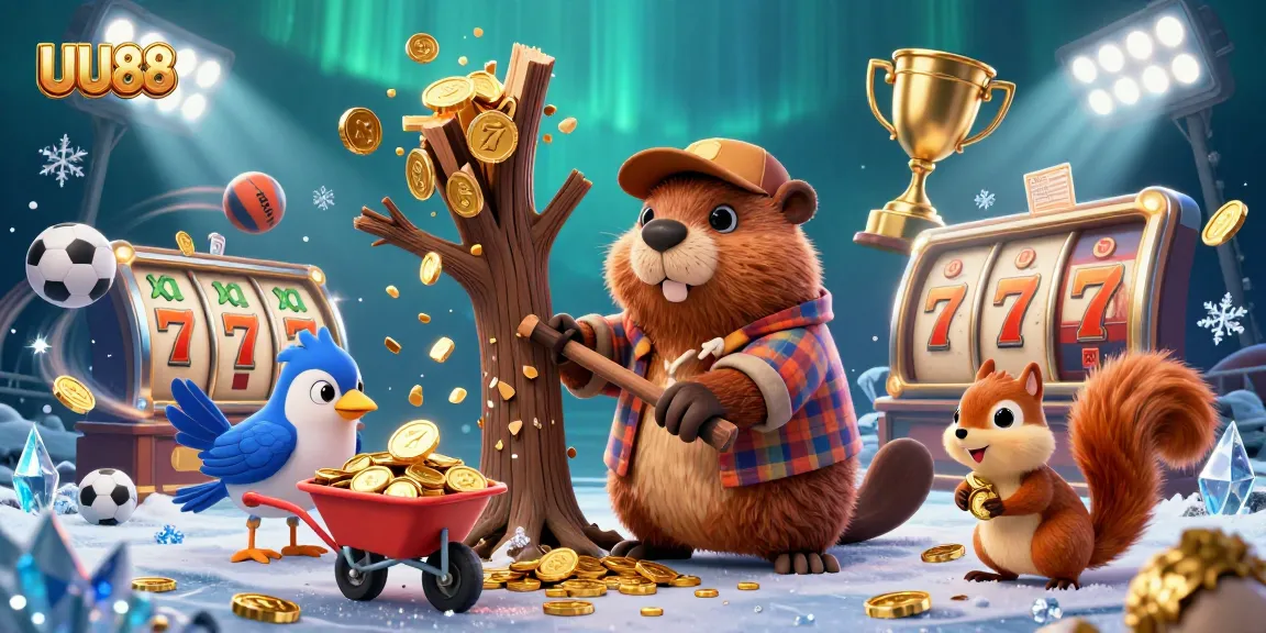 Experience the excitement of UUU88 with a colorful 3D casino-themed illustration showcasing animated characters and gambling elements.