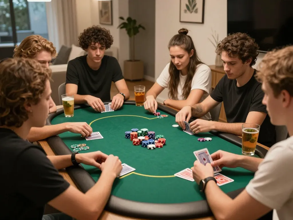 Friends enjoying a lively poker night at home with 888New, placing bets and analyzing cards.