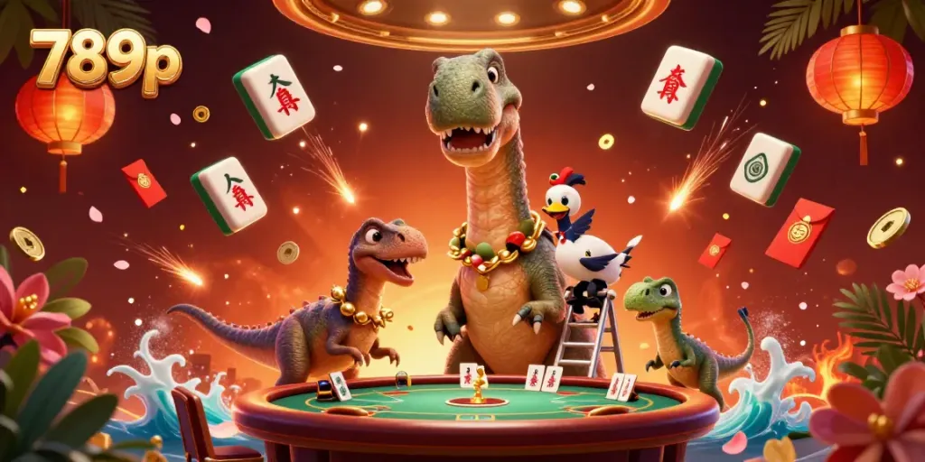 Engage in thrilling gaming with 789p, as a brontosaurus watches over a lively poker game.