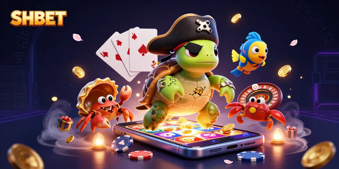 Win big with SHBET in this vibrant 3D casino scene, featuring a dynamic turtle and crab.