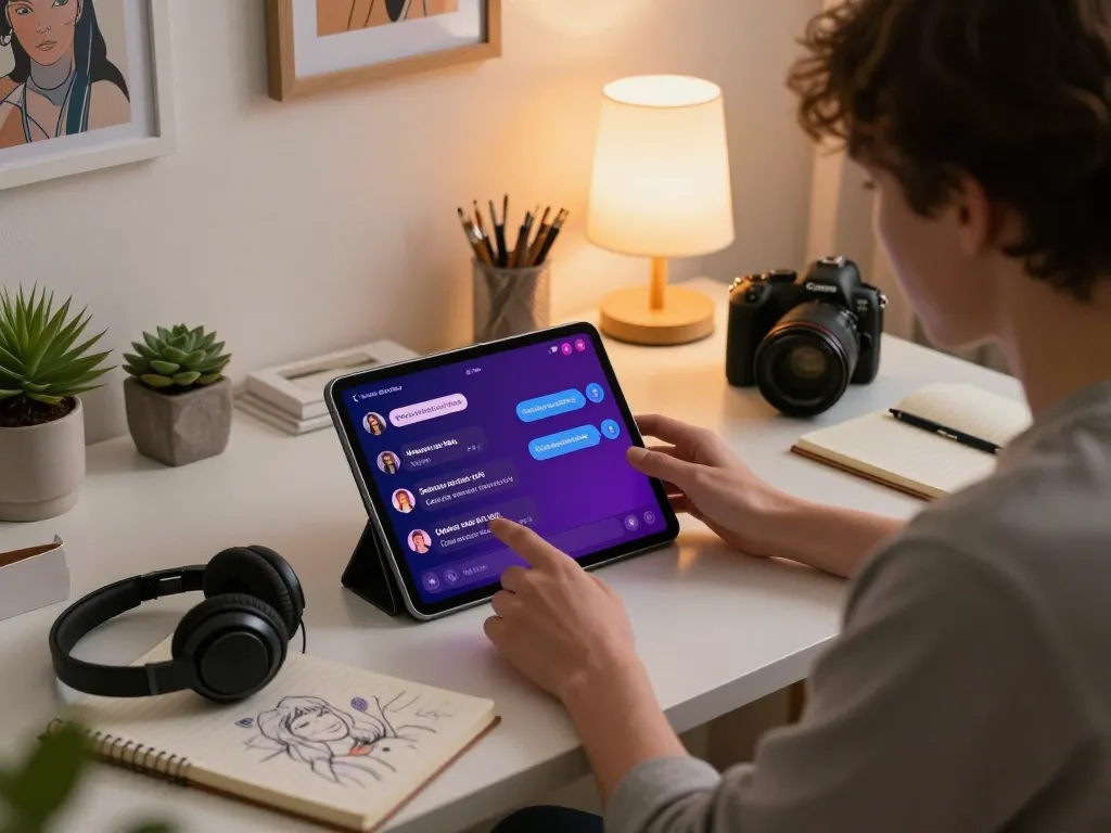 AI sex chat experience in a cozy home office, featuring vibrant dialogues with a customizable companion.