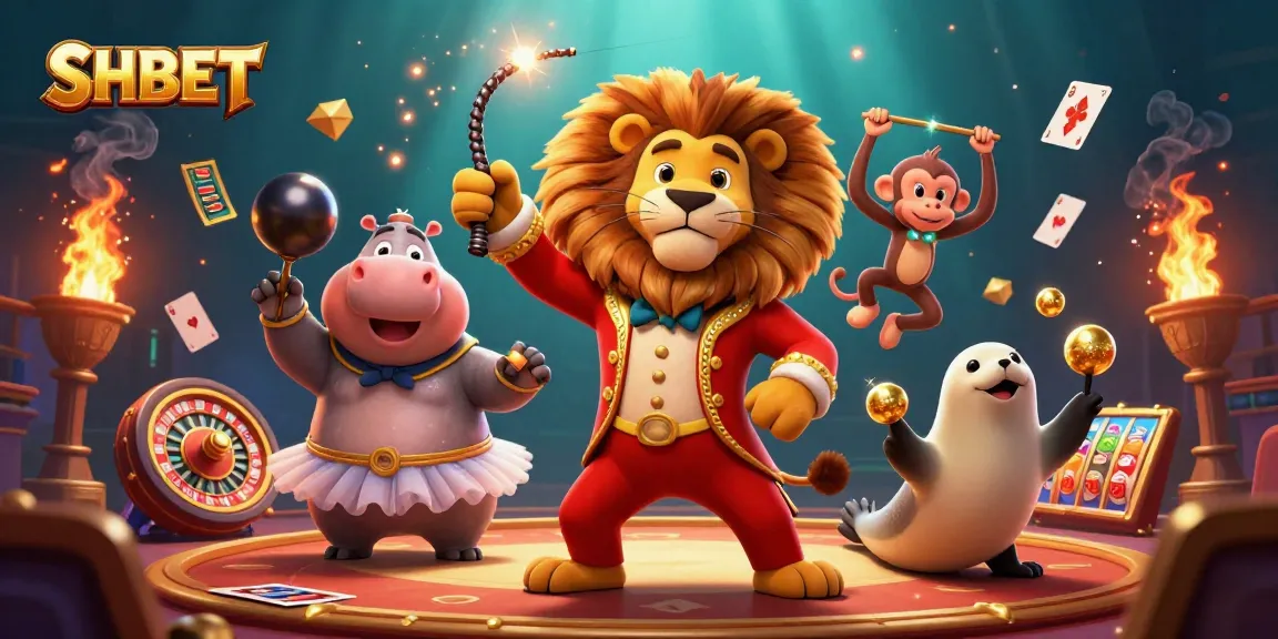 Experience thrilling SHBET action with circus characters in a vibrant 3D casino scene filled with excitement.
