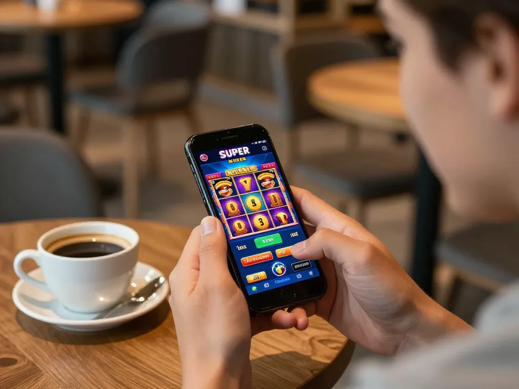 Player enjoying thrilling slot games on the LGOSUPER app in a cozy cafe environment.
