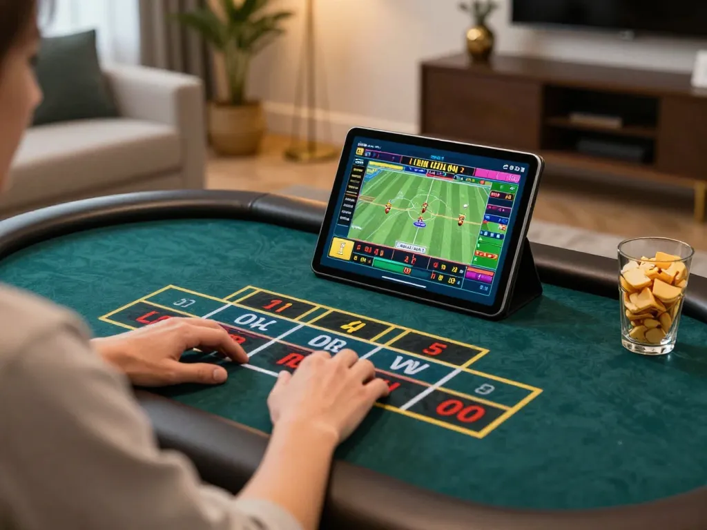 Engaging in keo truc tuyen gaming via live dealer on tablet, highlighting strategic online betting.