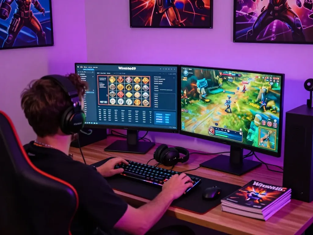 Gamer using Winstrike69 platform with dual monitors, showcasing slots gameplay and vibrant gaming setup.