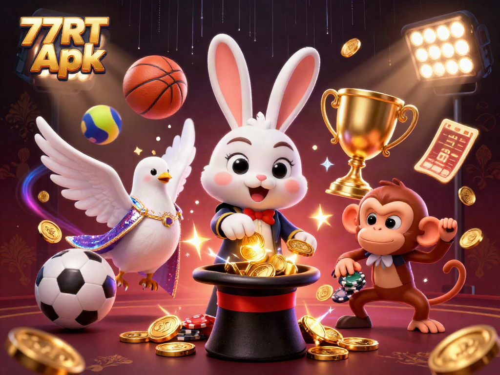 Engage with 77RT Apk through a whimsical 3D scene featuring a magician, dove, and monkey amidst vibrant casino elements.