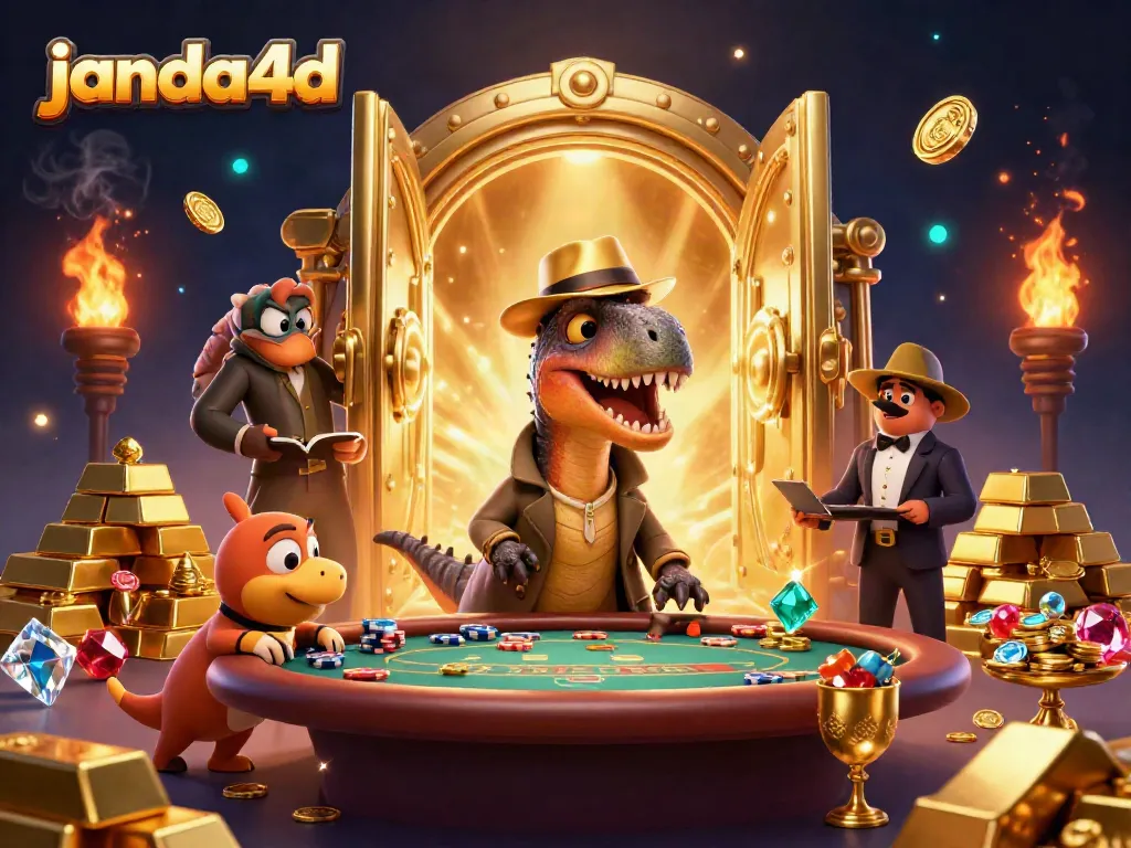 JANDA4D menghadirkan ilustrasi 3D menarik dengan karakter dino dan elemen kasino yang kaya.