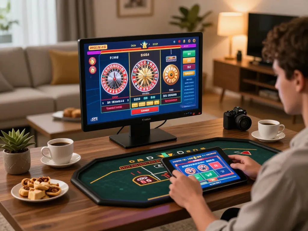 Player engaging with hz88 online casino app on tablet in a cozy home setting, showcasing vibrant game interfaces.