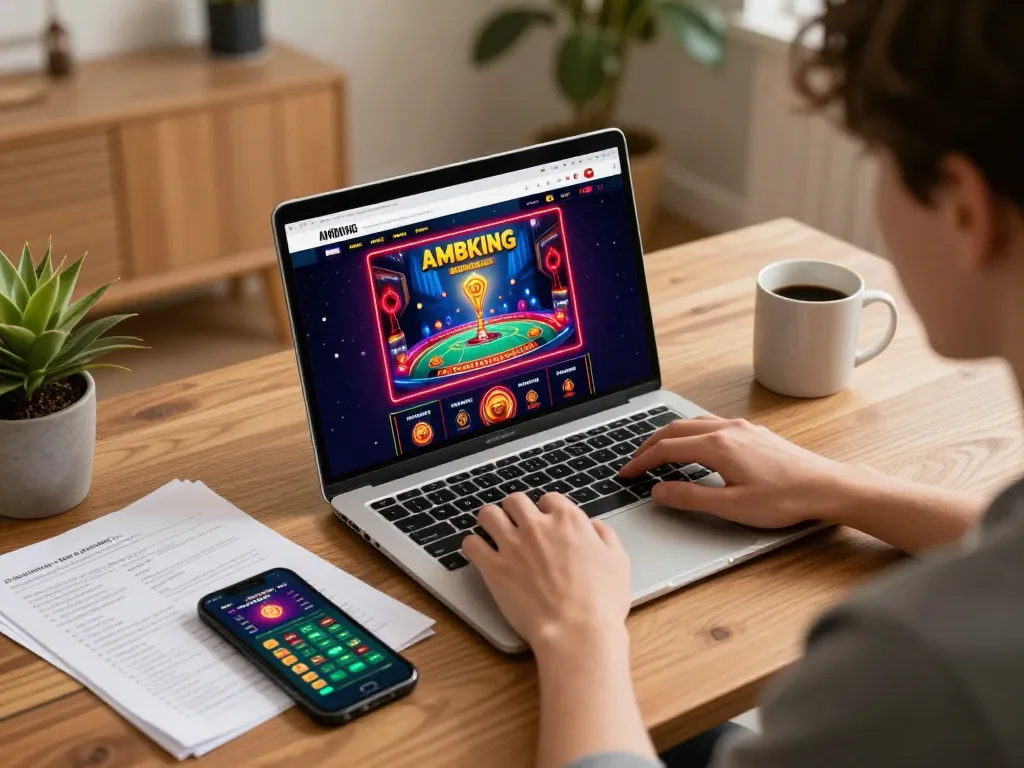 Engaging online gaming experience with ทางเข้า m108 displayed on laptop, showcasing casino activities and strategy notes.