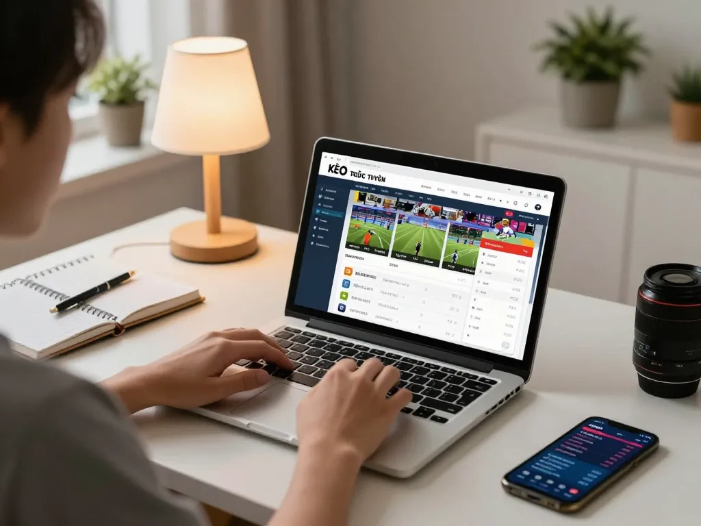 KÈO TRỰC TUYẾN betting interface displayed on a laptop during a cozy home sports betting session.