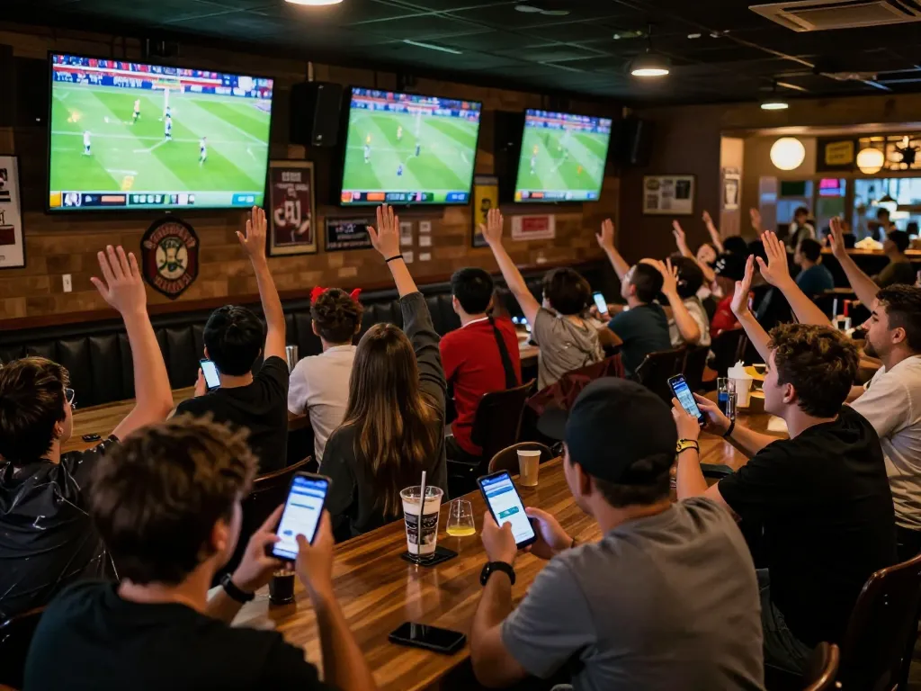 Experience Trực Tiếp Bóng Đá excitement at a lively sports bar environment full of fans placing bets