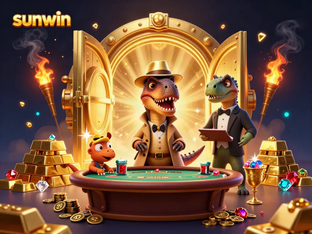 Experience the excitement at Sunwin with a dynamic casino scene showcasing characters and gold treasures.