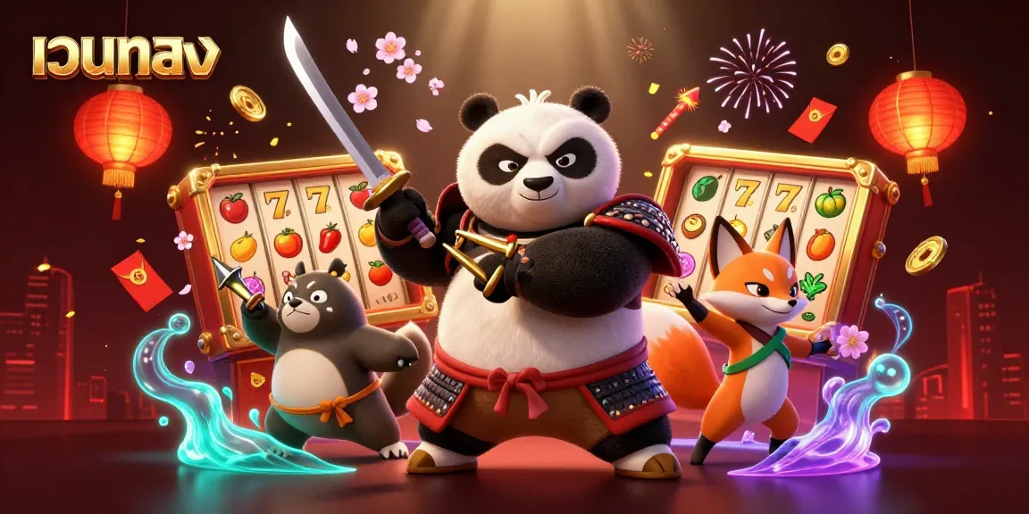 Engage with เว็บตรง casino thrills featuring a samurai panda, ninja fox, and magical tanuki in an energetic slot game backdrop.