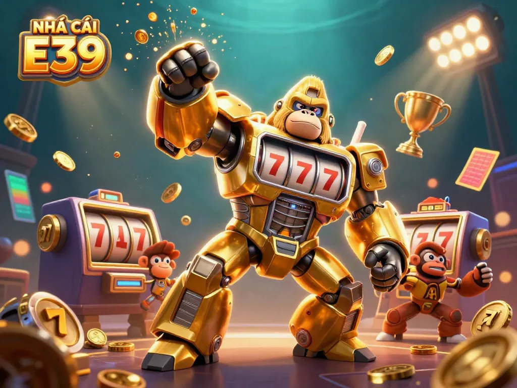 Engage with NHÀ CÁI E39's dynamic gaming scene with golden gorilla mech and casino elements.