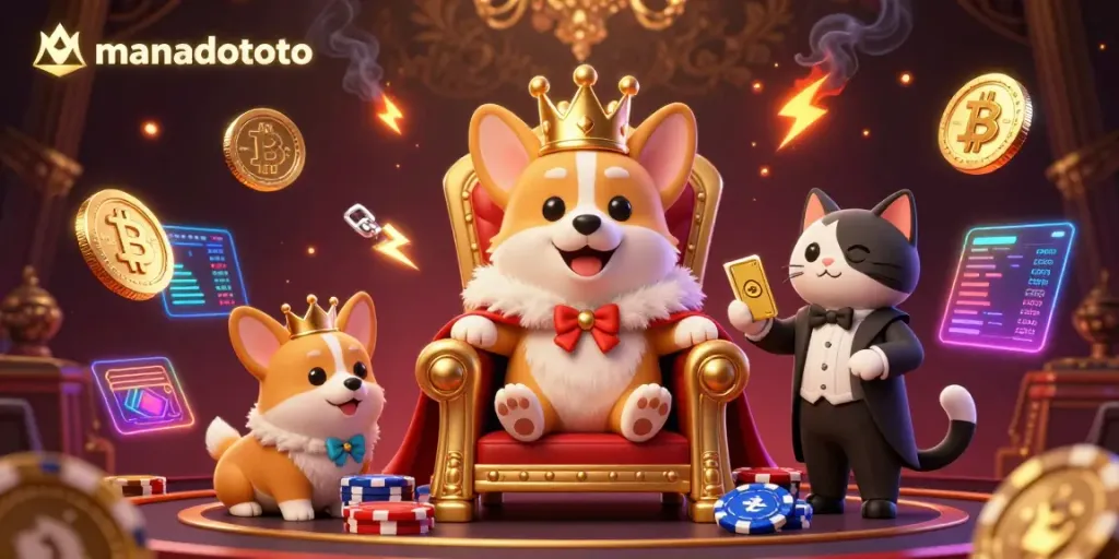 Engage with manadototo's exclusive gaming experience featuring a regal corgi and vibrant digital casino elements.