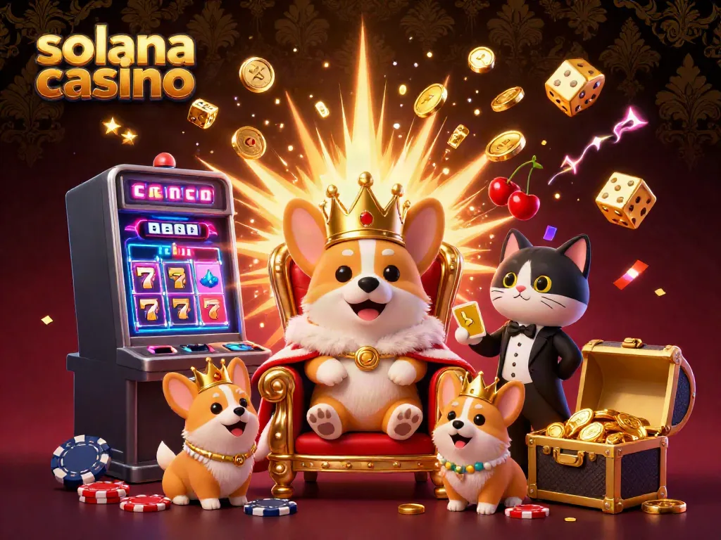 Experience the thrill of a Solana casino with a royal corgi throne and exciting game elements bursting with energy.
