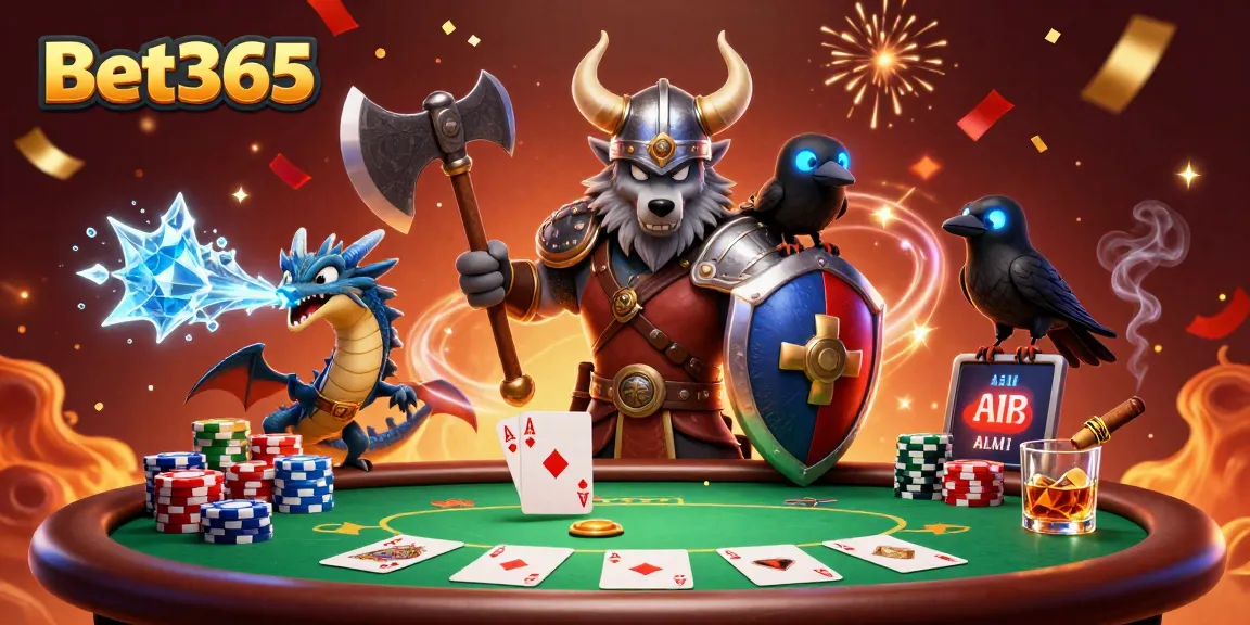 Engage with Bet365's dynamic online casino experience, showcasing a Viking wolf warrior, dragon, and poker elements.