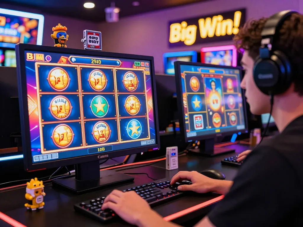 Pemain yang terlibat di kasino slot online dengan grafik yang hidup dan lampu neon.