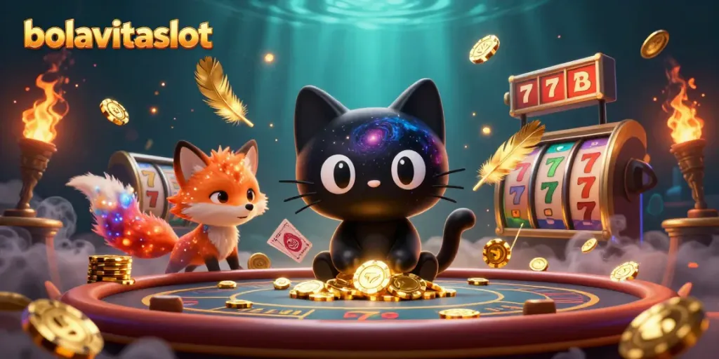 Play thrilling slots with bolavitaslot amidst a vibrant cosmic casino scene featuring a black hole cat.
