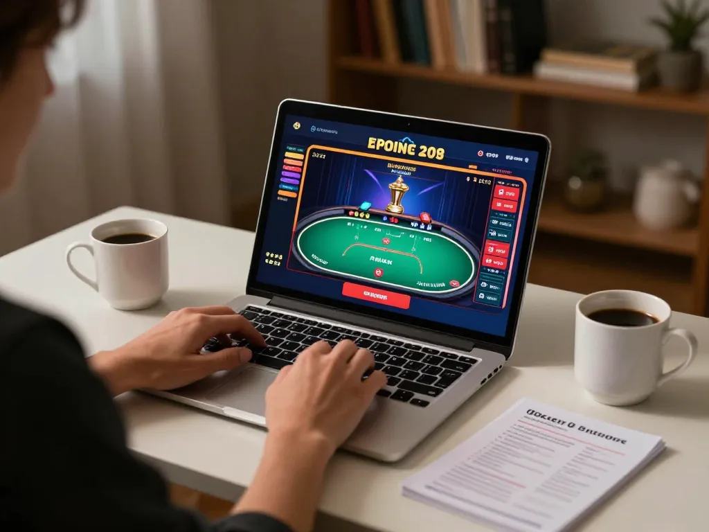 Engaged player enjoying online poker at home with 98 win strategy notes beside
