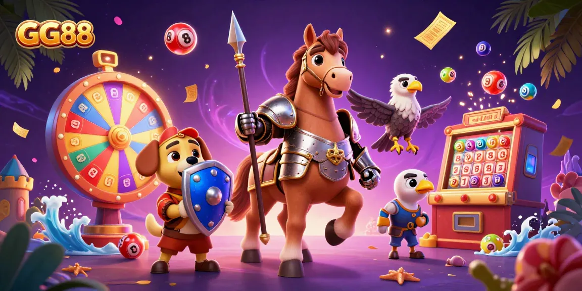 Experience exciting gaming with GG88, featuring a knight and puppy amid vibrant lottery elements.