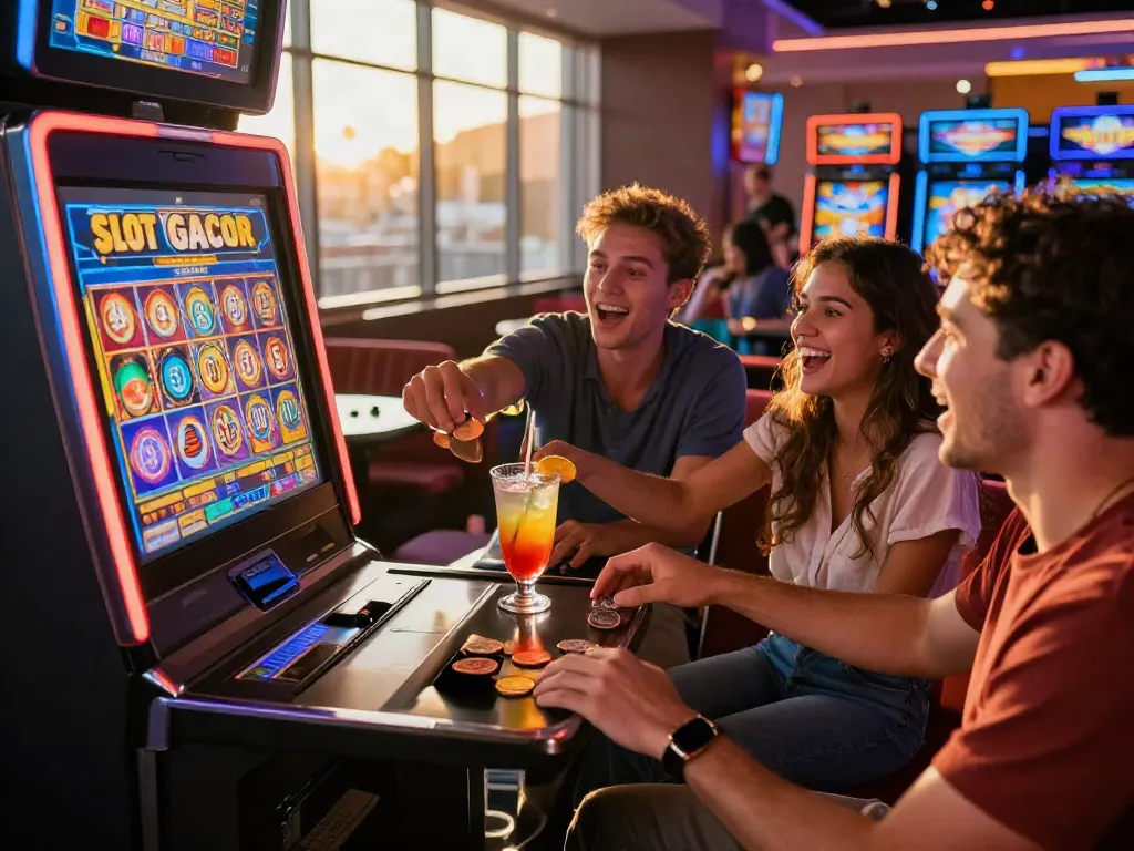 SLOT GACOR gaming scene with friends celebrating around a colorful slot machine.