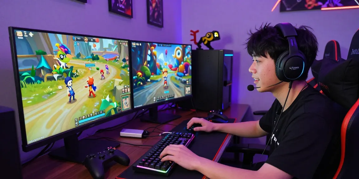 Engaging gamer playing a hentai game online with vibrant virtual characters and dynamic atmosphere.